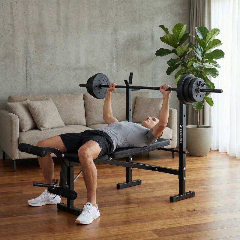Bancă de antrenament  XTREXO BenchFit Lite cu suport și bară neagră 3