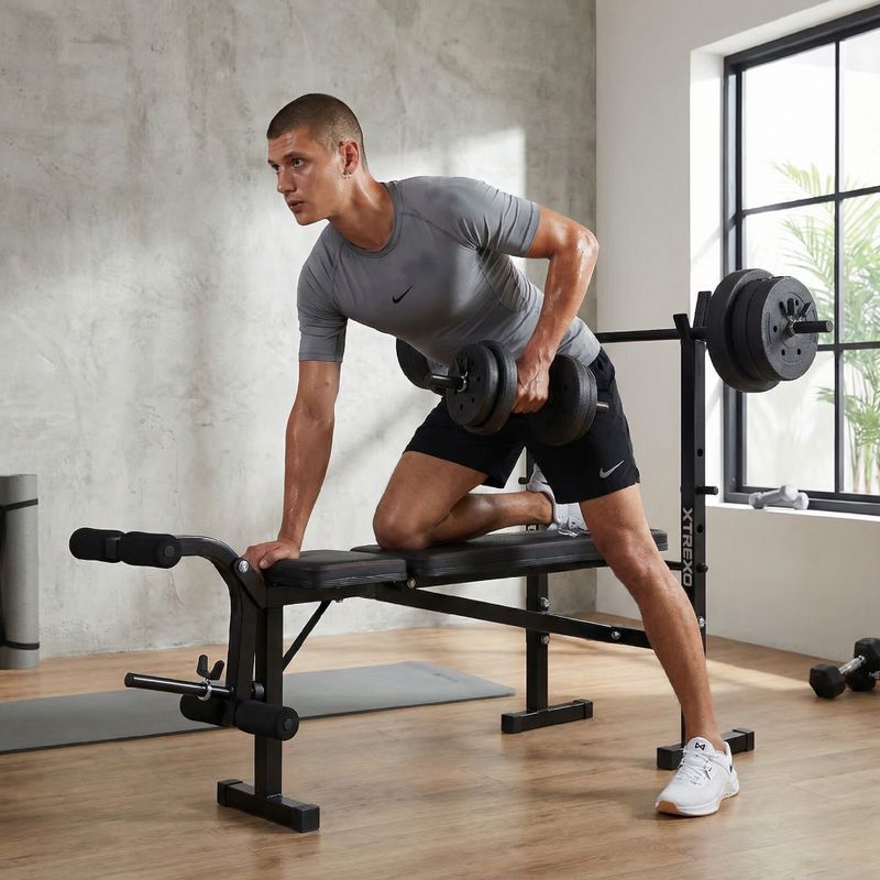 Bancă de antrenament  XTREXO BenchFit Lite cu suport și bară neagră 4