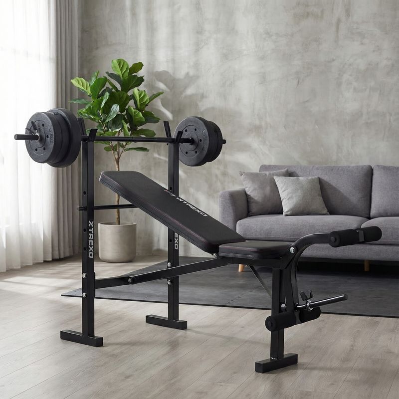 Bancă de antrenament  XTREXO BenchFit Lite cu suport și bară neagră 6