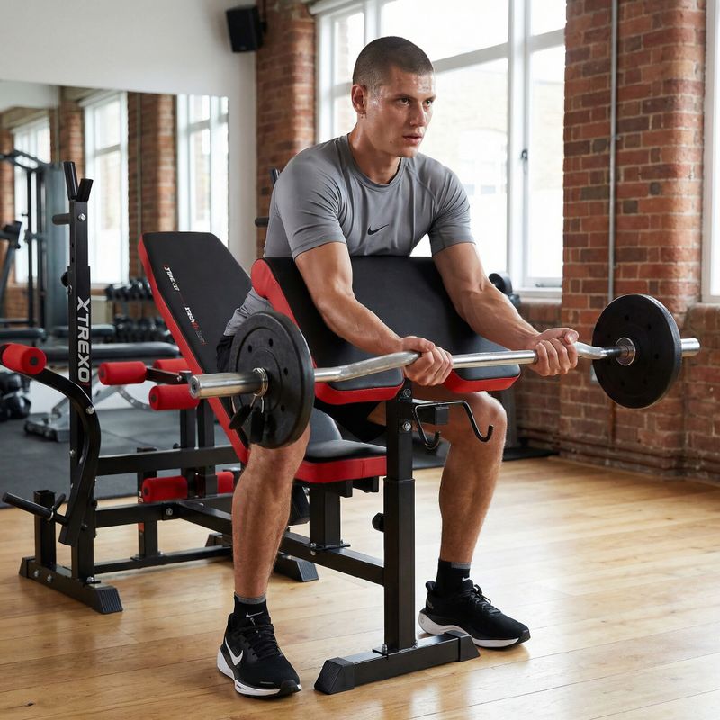 Bancă de antrenament  XTREXO BenchFit Max cu suport și bară neagră 6